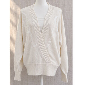 Vintage Jacques Vert Ivory Wrap Sweater | Women's L | 80s Appliqué Knit Pullover